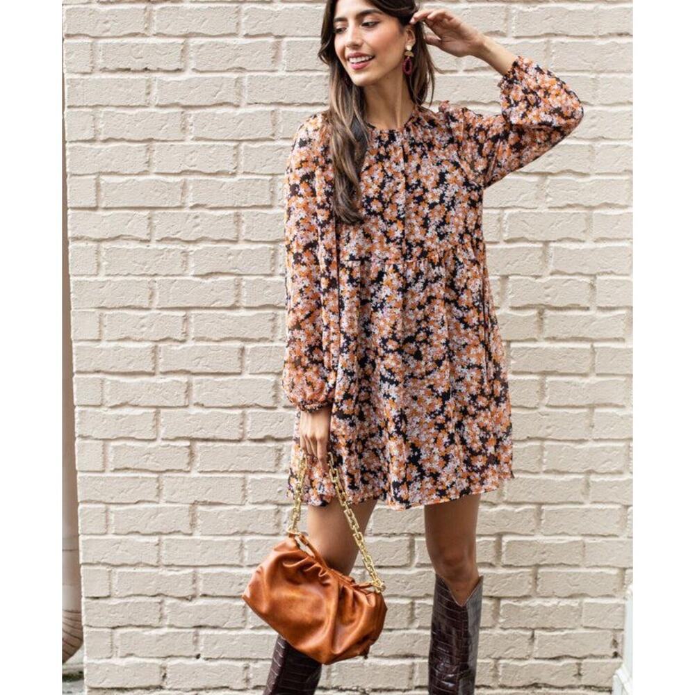 Sanctuary Women's Harvest Floral Long Sleeve Shirred Neck Babydoll Dress Sz XS